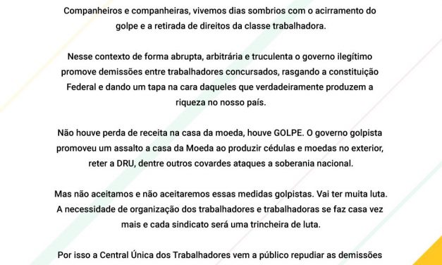 Nota da CUT-RIO sobre as demissões na Casa da Moeda