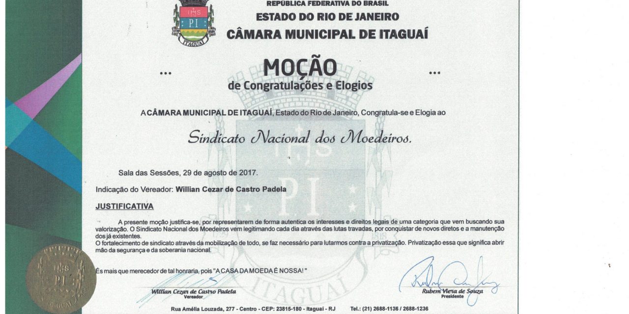 Moção da Câmara Municipal de Itaguaí ao Sindicato