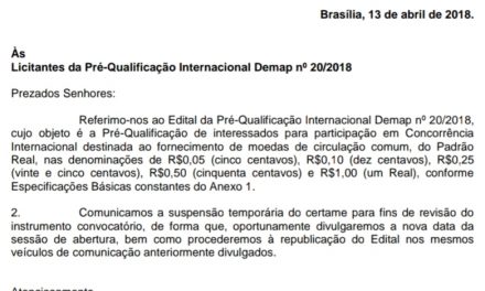 Banco Central suspende temporariamente licitação internacional para produção de moedas