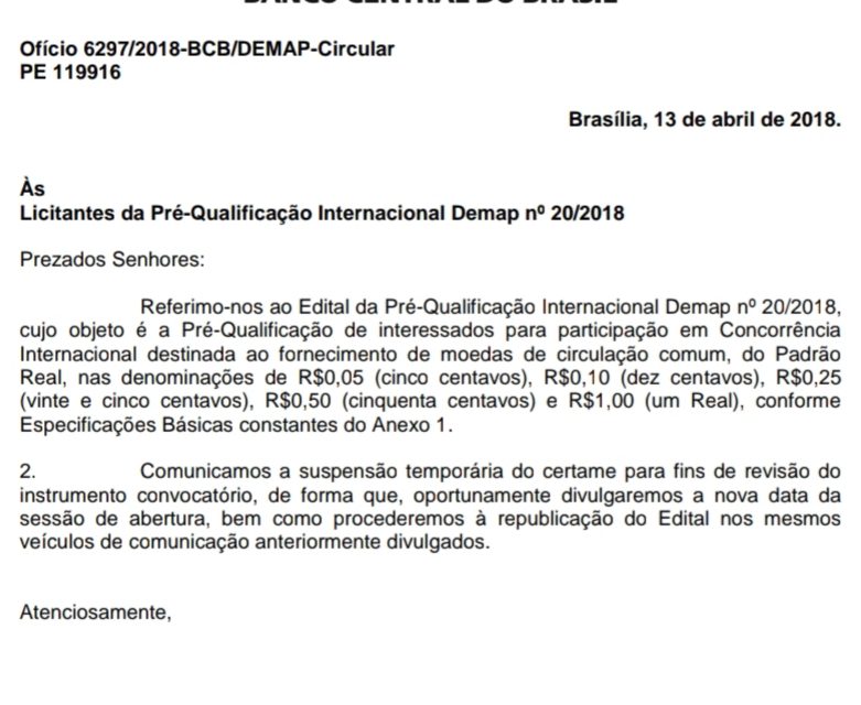 Banco Central suspende temporariamente licitação internacional para produção de moedas